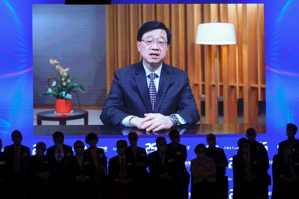 Chief Executive John Lee appears on TV as he delivers the keynote address to the Greater Bay Area Forum at the Grand Hyatt in Wan Chai, Hong Kong, on October 6. Photo: Yik Yeung -man