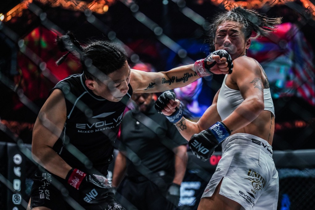 Xiong Jingnan cracks Angela Lee with a left hook at ONE on Prime Video 2. Photos: ONE Championship