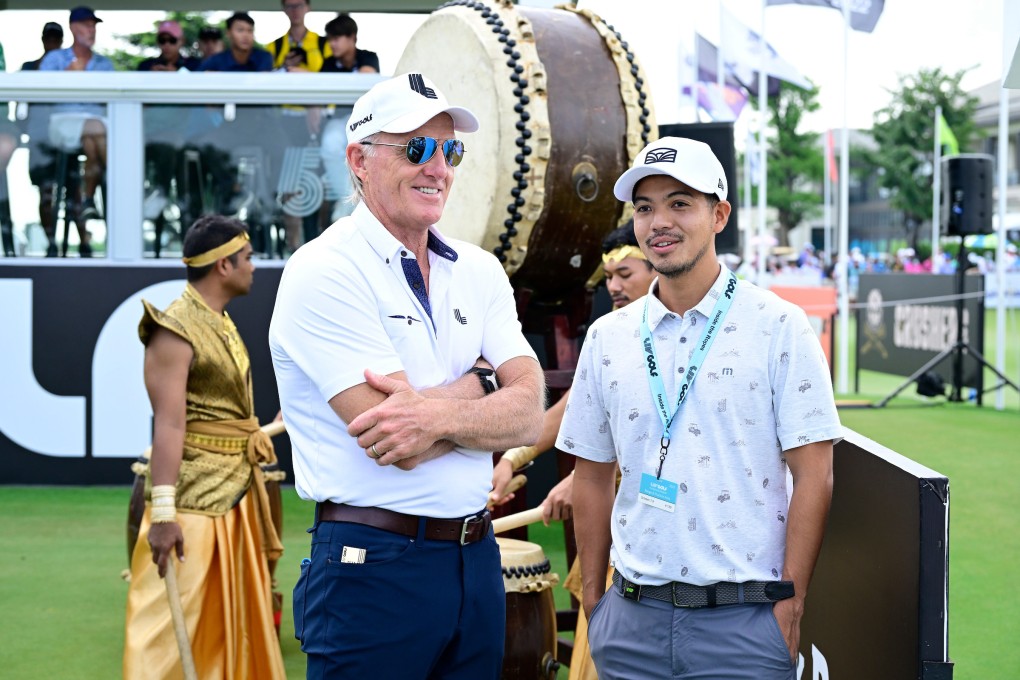 Greg Norman (left) with Stonehill boss Ing Ratanavadi on day 1 of the LIV Golf Invitational Bangkok. Photo: LIV Golf