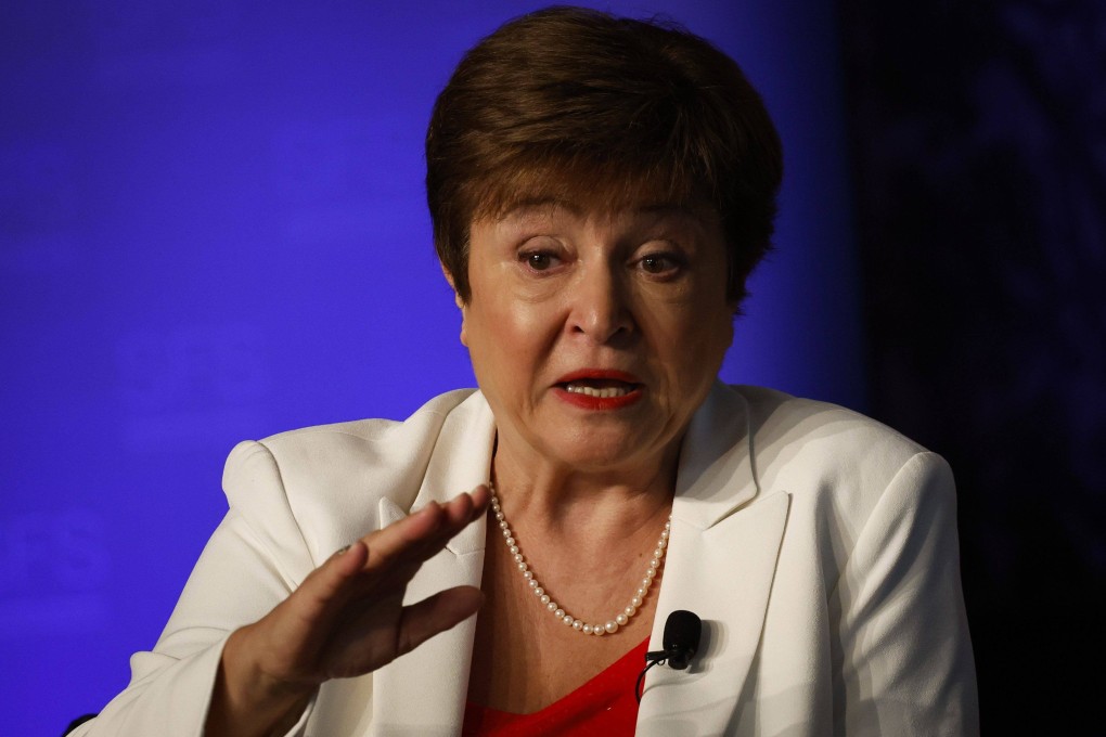Kristalina Georgieva, managing director of the IMF, speaks at Georgetown University in Washington on October 6. Georgieva says the global economy is at increasing risk of recession and could lose US$4 trillion in output through 2026. Photo: Bloomberg