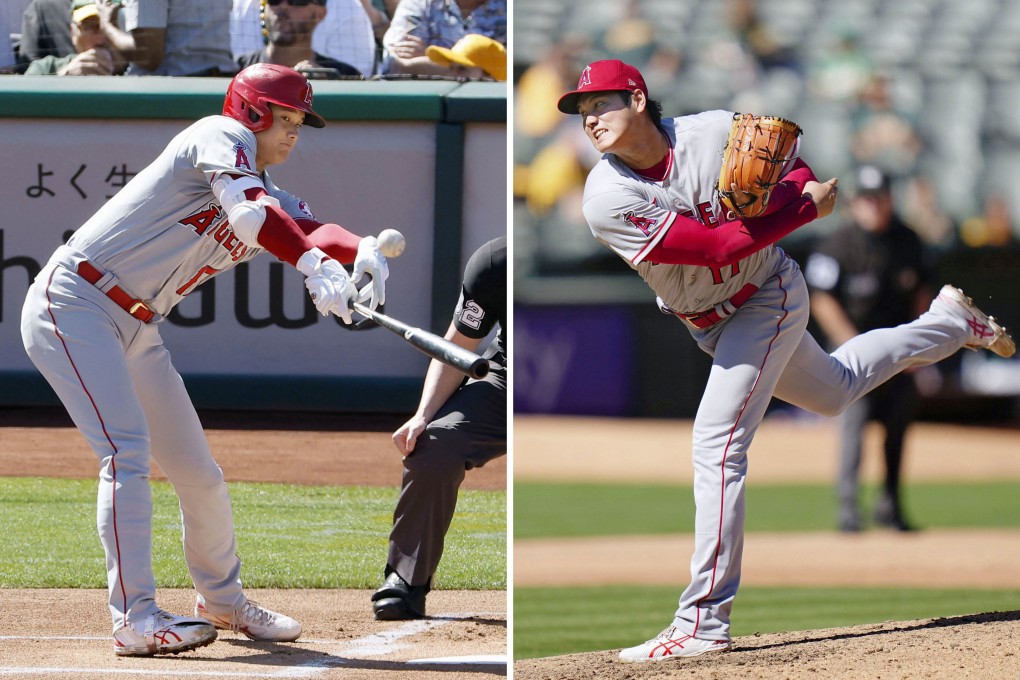 Shohei Ohtani seen hitting and pitching for the Los Angeles Angels against the Oakland As. Photo: Kyodo