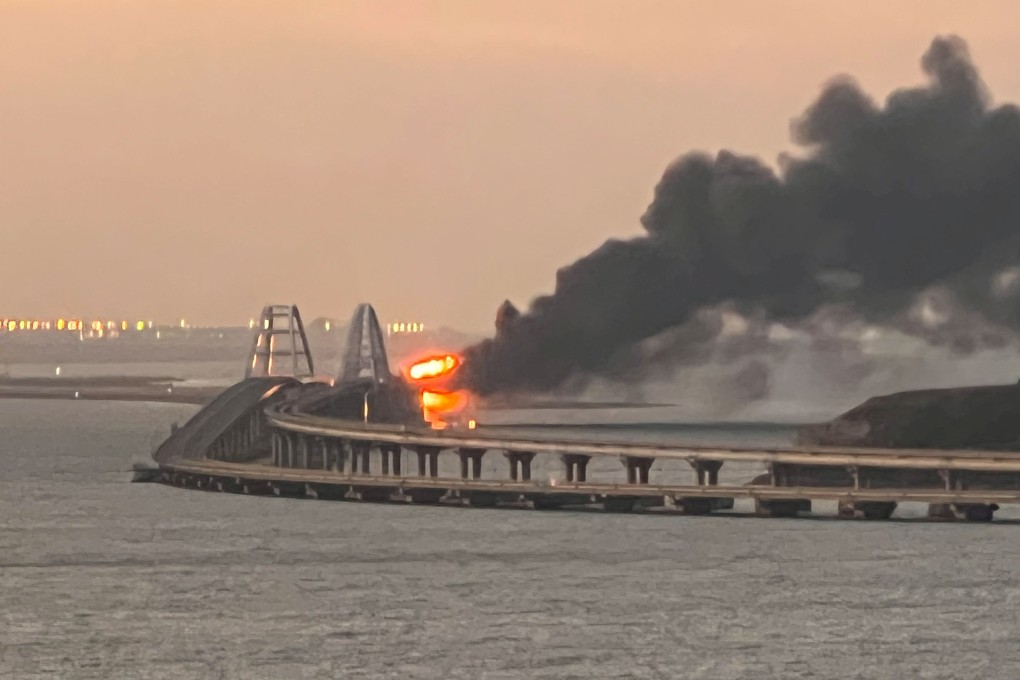 A fire broke out on the Kerch bridge linking Crimea to Russia on Saturday. Photo: Reuters