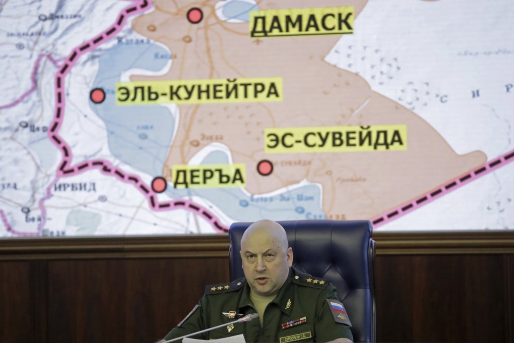Colonel General Sergei Surovikin, Commander of the Russian forces in Syria, speaks in Moscow on June 9, 2017 with a map of Syria projected on the screen in the back. Photo: AP
