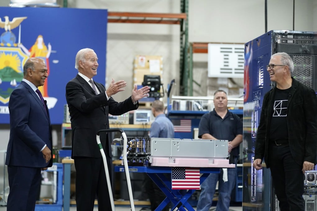 US President Joe Biden touring an IBM facility on Thursday in Poughkeepsie, New York, with IBM chief executive Arvind Krishna (left). On Friday the US Commerce Department announced new restrictions on sales of advanced technology to Chinese firms. Photo: AP