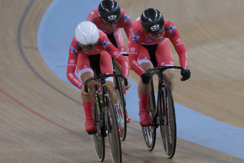 Yeung Cho-yiu (front) races in the women’s team sprint at the UCI Track Cycling Nations Cup in Hong Kong with Jessica Lee Hoi-yan (right), and Sarah Lee Wai-sze (back). Photo: May Tse