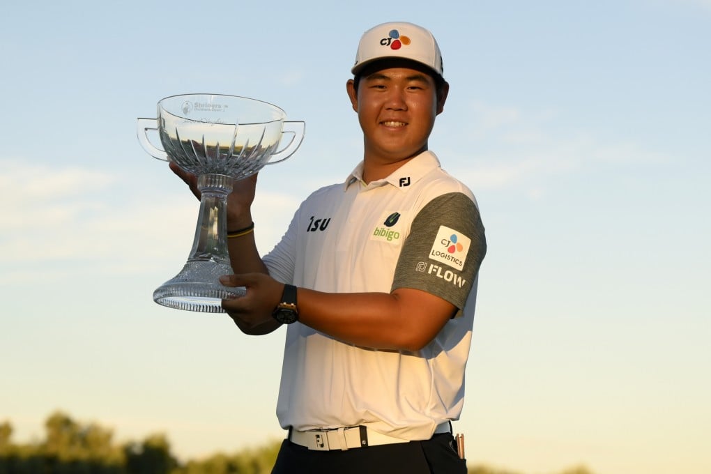 Tom Kim with his trophy after winning the Shriners Children’s Open golf tournament in Las Vegas. Photo: AP