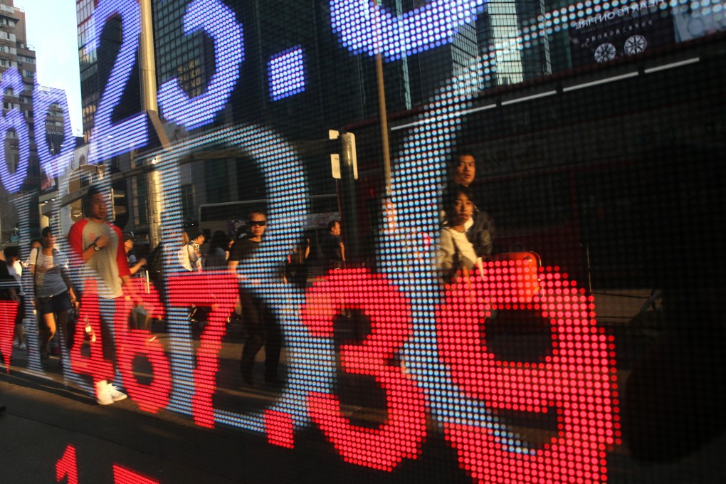 An electronic board shows the Hang Seng Index outside a bank in Mong Kok, Hong Kong. Photo: Sam Tsang