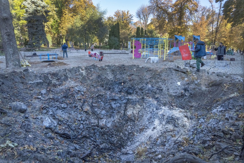 A rocket crater at a city centre playground in Kyiv, Ukraine, on Tuesday. Photo: AP