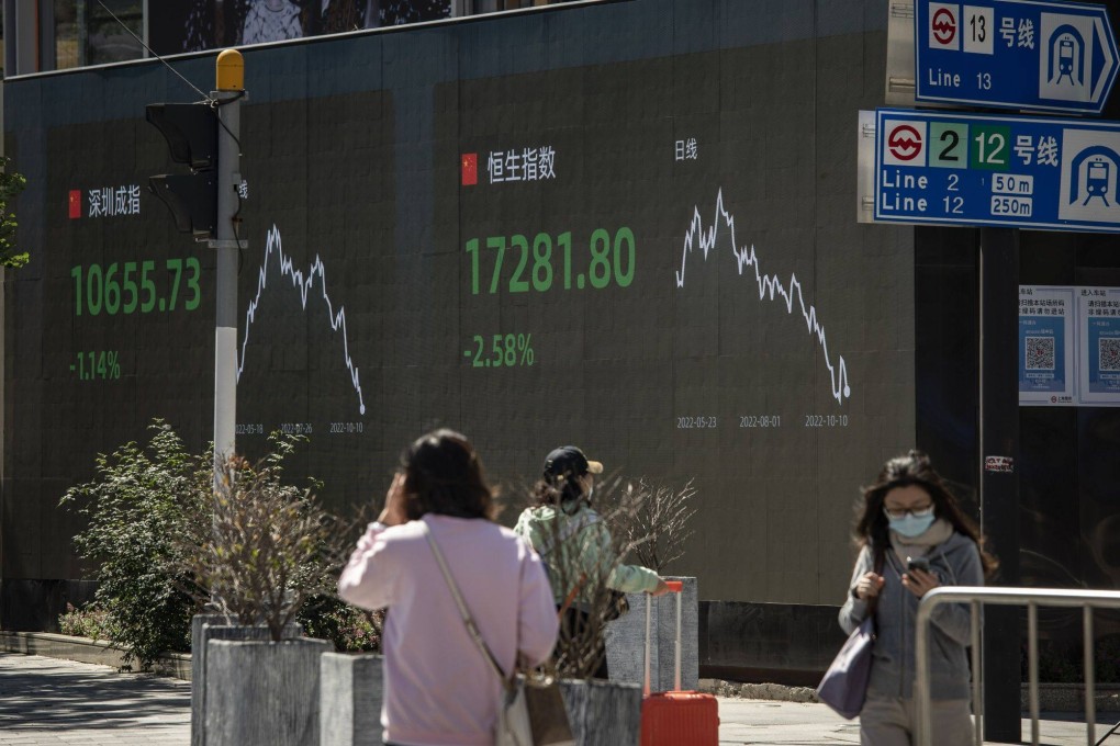 A public screen displays the Shenzhen Stock Exchange and the Hang Seng Index figures in Shanghai on October 10. Photo: Bloomberg