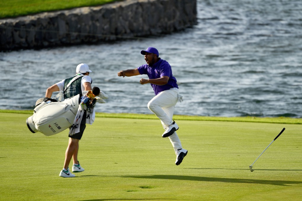 Harold Varner III celebrates holing a 92ft putt to win the PIF Saudi International in February. Photo: Asian Tour.