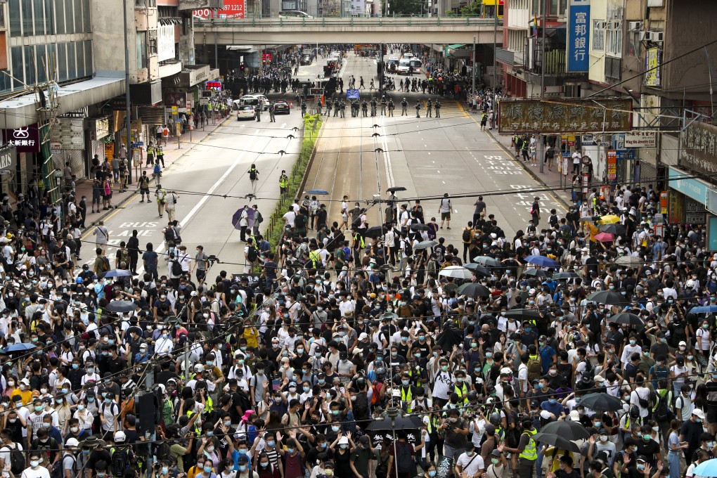 Protesters face off with police in Causeway Bay on July 1, 2020, in a demonstration against the national security law. Photo: Sam Tsang