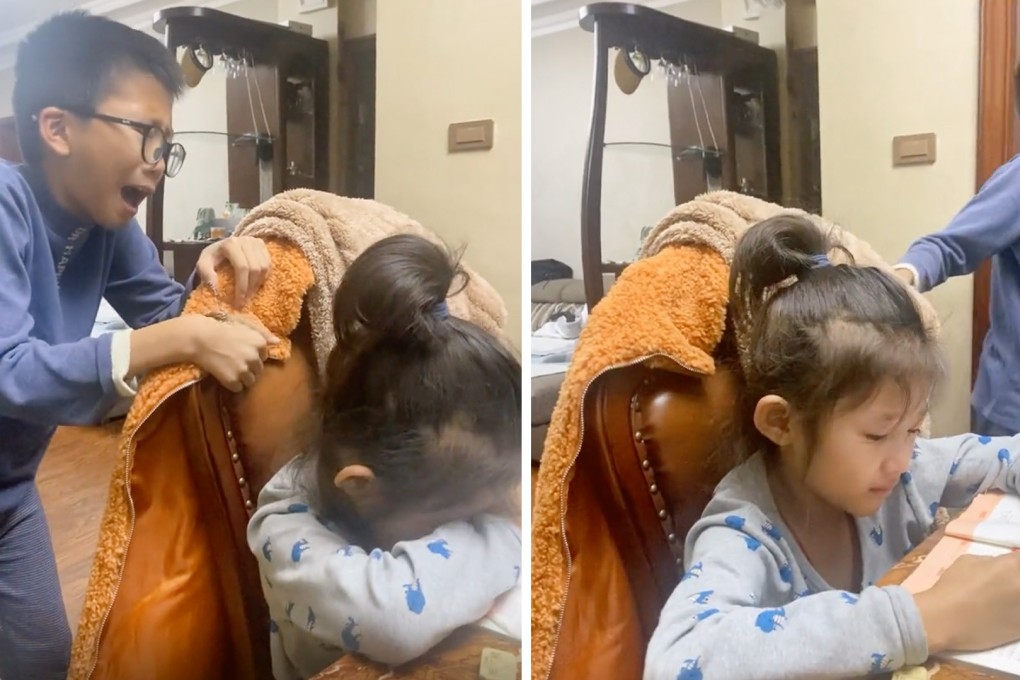 A Chinese boy losing his patience while helping his younger sister with her maths homework has gone viral on mainland social media. Photo: SCMP composite