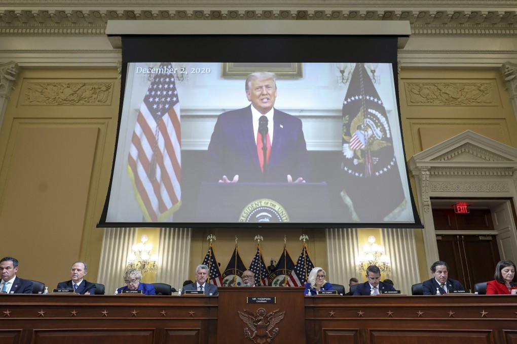 A video of then-President Donald Trump is displayed as the House select committee holds a hearing on Capitol Hill in Washington. Photo: AP