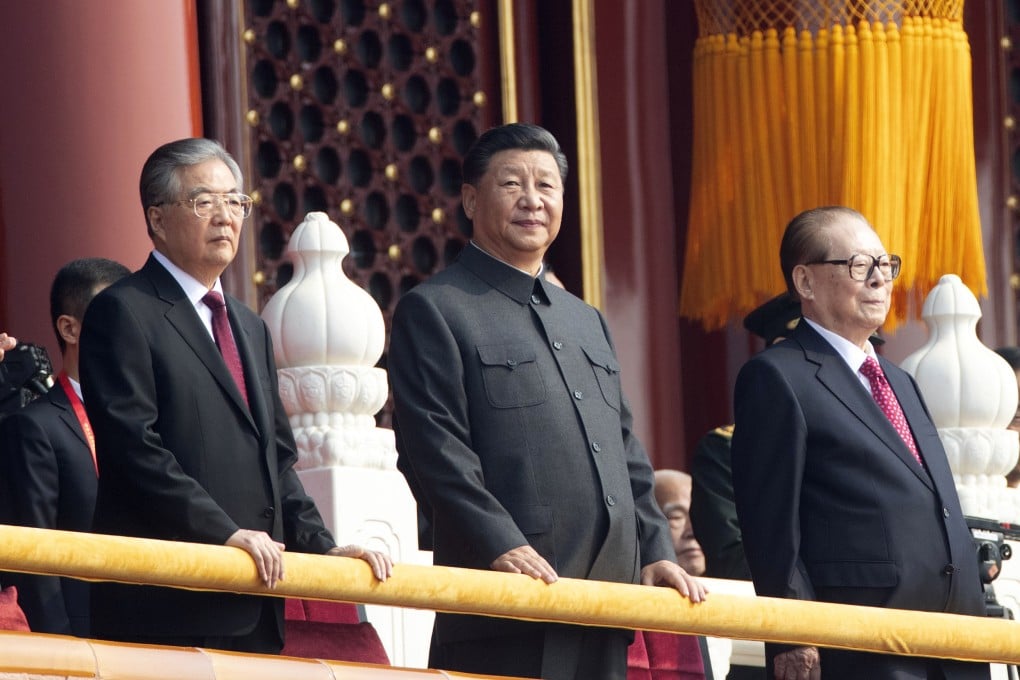 President Xi Jinping (centre), his predecessor Hu Jintao (left) and Hu’s predecessor Jiang Zemin at celebrations marking the 70th anniversary of the founding of the People’s Republic of China, in Beijing on October 1, 2019. Photo: AP