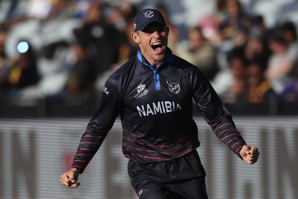 Namibia’s Gerhard Erasmus celebrates his side’s win over Sri Lanka. Photo: AP