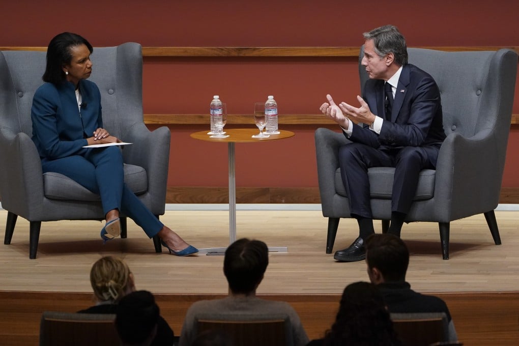 US Secretary of State Antony Blinken speaks on Monday at a Stanford University forum moderated by former secretary of state Condoleezza Rice. Photo: AP