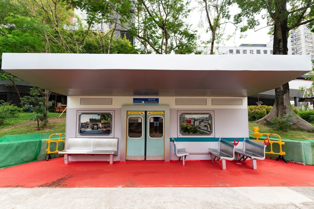A new rain shelter in Tai Po, featuring components from the retired Mid-Life Refurbishment (MLR) trains that once ran on Hong Kong’s East Rail line. Photo: Dennis Ho