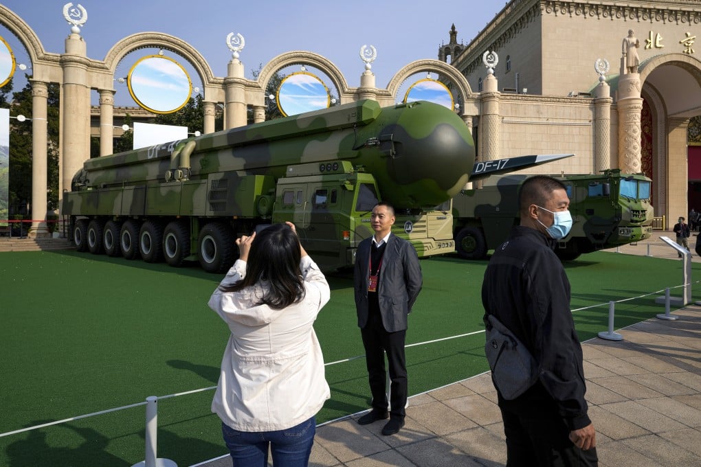 Displays of Chinese military vehicles carrying ballistic missiles at an exhibition in Beijing highlighting China’s achievements under President Xi Jinping. Photo: AP