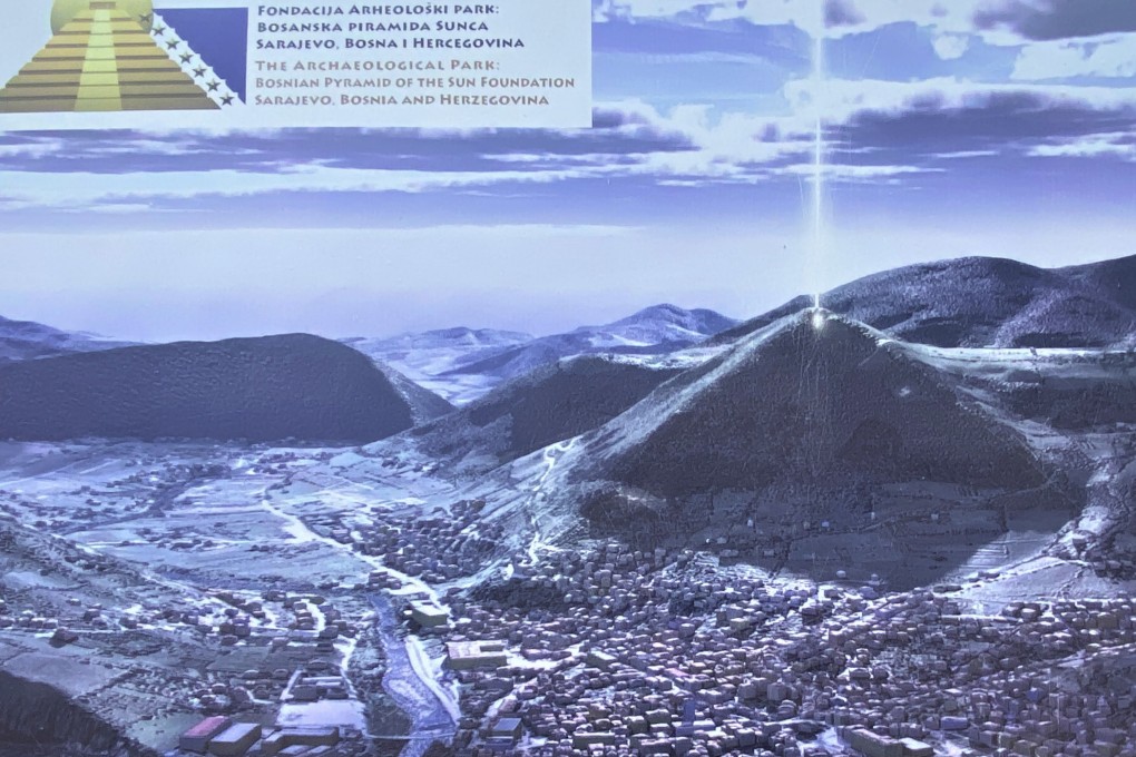 A billboard at the foot of the Pyramid of the Sun, in the Bosnian Valley of the Pyramids, in Visoko, Bosnia. Photo: Red Door News