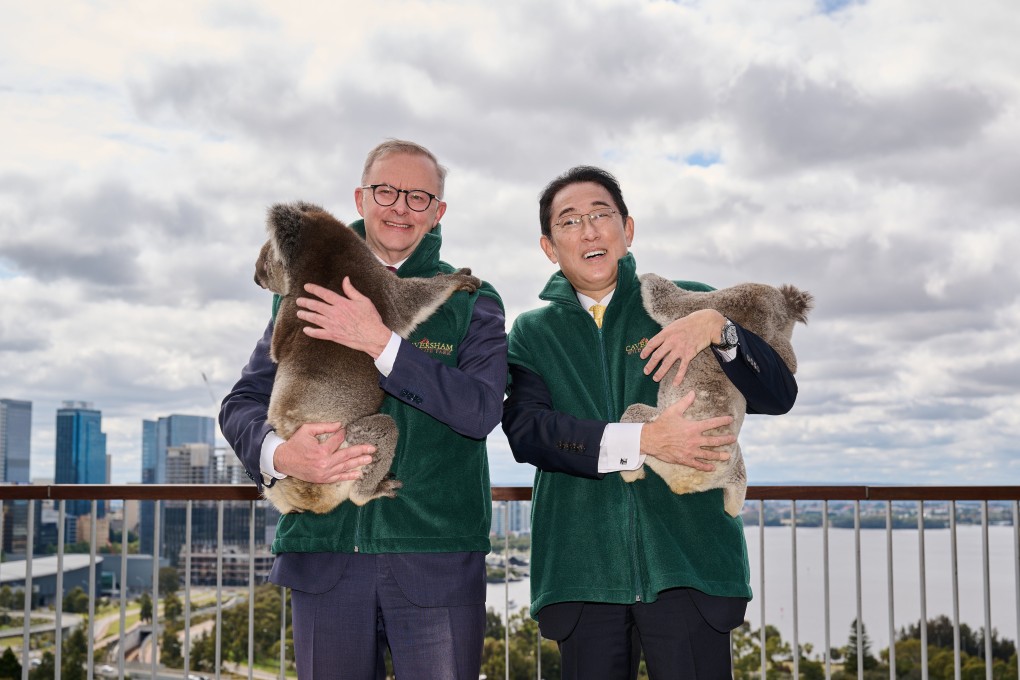 Australian Prime Minister Anthony Albanese (left) and Japan’s Fumio Kishida pose with koalas during their visit to Kings Park in Perth on Saturday. Photo: Getty pool via AAP Image/dpa