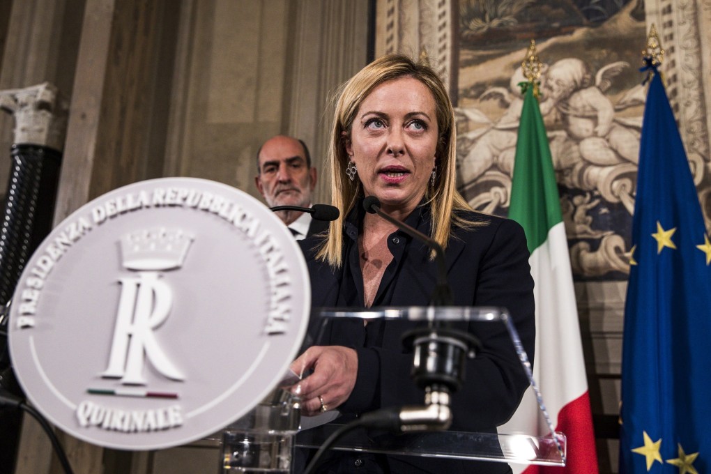 Italian PM-designate Giorgia Meloni addresses the media at the Quirinale Palace in Rome on Friday. Photo: EPA-EFE