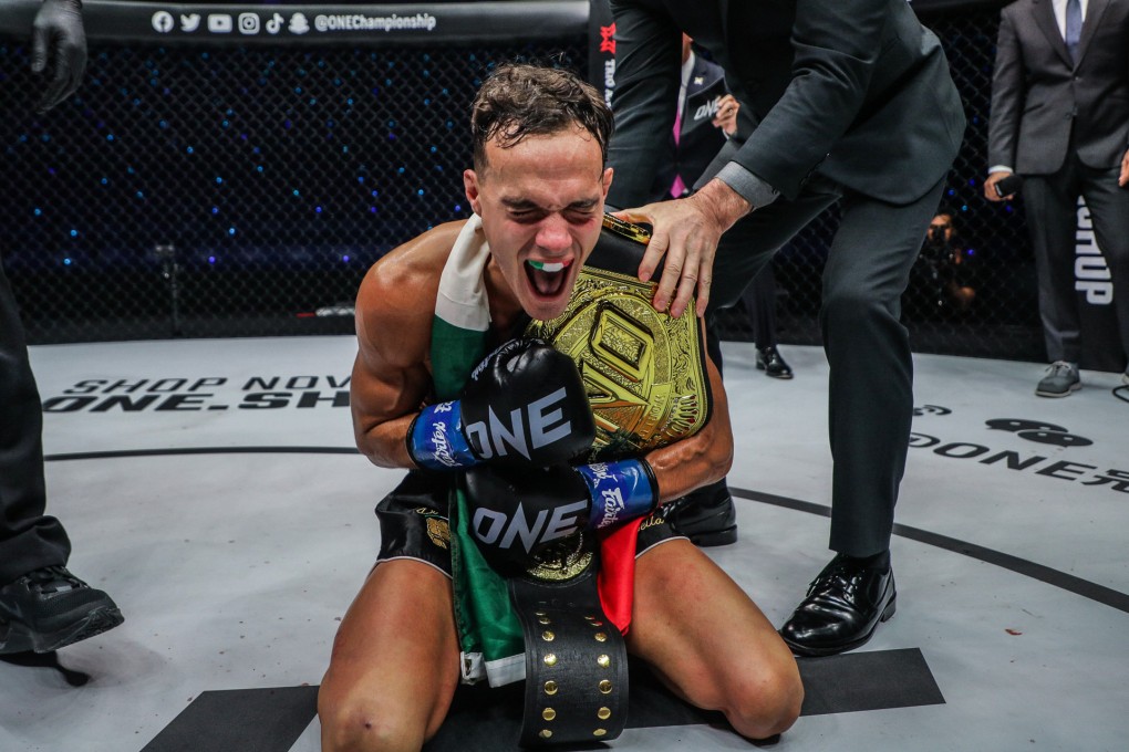 Italian-Canadian Jon Di Bella celebrates after winning the ONE strawweight kickboxing title with a decision defeat of China’s Zhang Peimian. Photo: ONE Championship.