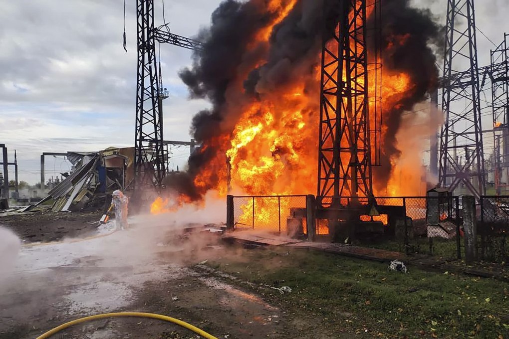 Ukrainian rescuers respond to a fire at an infrastructure object hit by shelling at an undisclosed location in Ukraine on Saturday. Photo: EPA-EFE / Telegram / V Zelensky Official