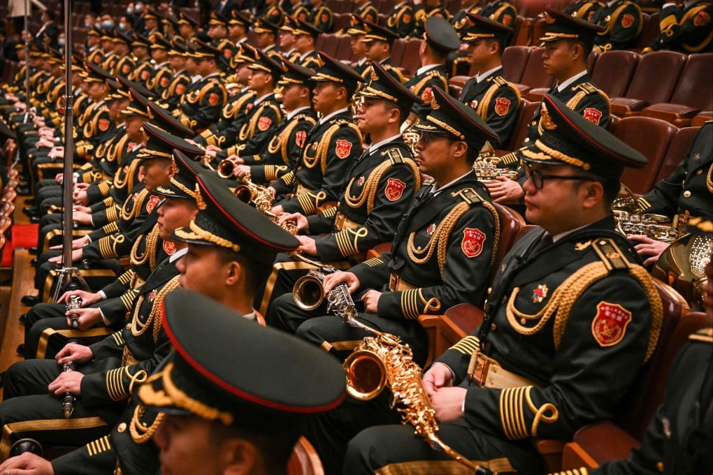 Members of the People’s Liberation Army band at the opening session of the 20th Communist Party congress, at the Great Hall of the People in Beijing on October 16. Photo: AFP
