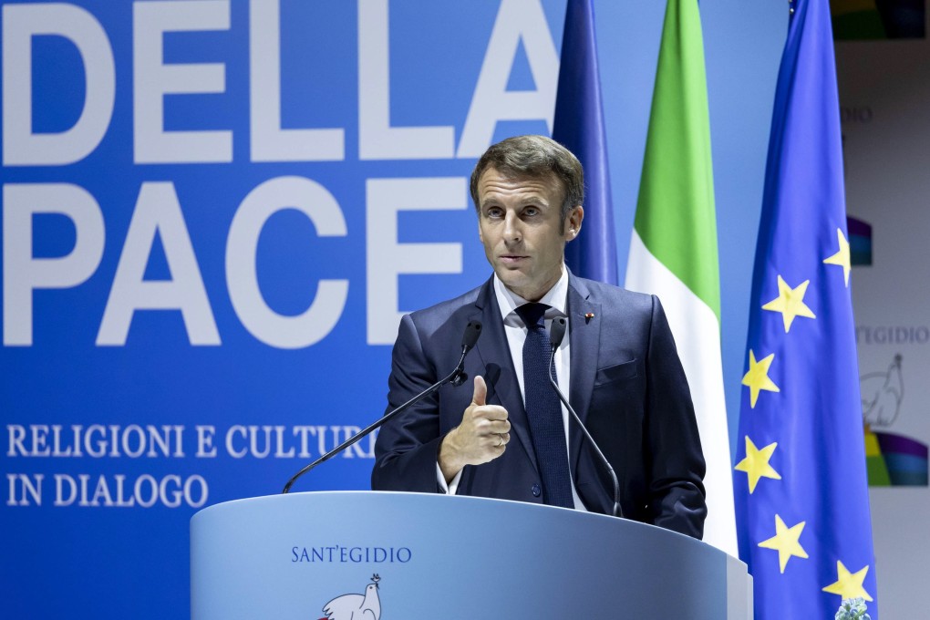French President Emmanuel Macron speaks at the international meeting for Peace in Rome, Italy on Sunday. Photo: EPA-EFE