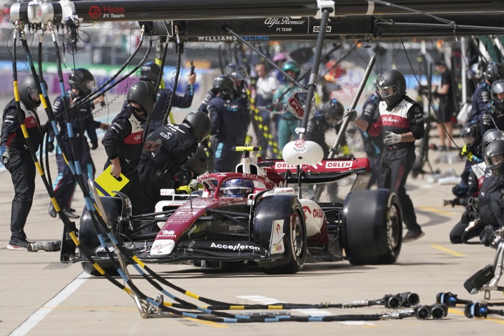 Alfa Romeo’s Zhou Guanyu leaves after a pit stop during Formula One’s US Grand Prix at the Circuit of the Americas. Photo: AP