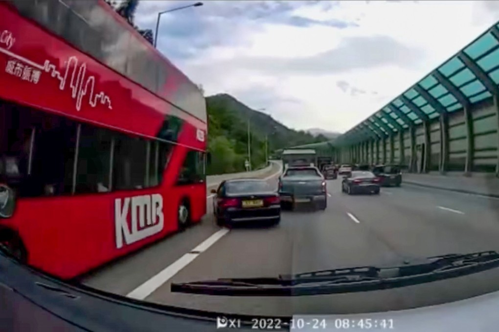 A video posted online shows the car switching lanes before being hit by a double-decker on Kowloon-bound Tuen Mun Road near Hong Kong Garden. Photo: Facebook