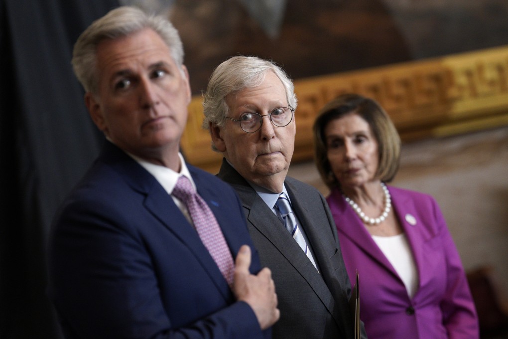 US Senate Minority Leader Mitch McConnell (centre), House Minority Leader Kevin McCarthy and House Speaker Nancy Pelosi attend an event on Capitol Hill in Washington on September 29. Photo: TNS