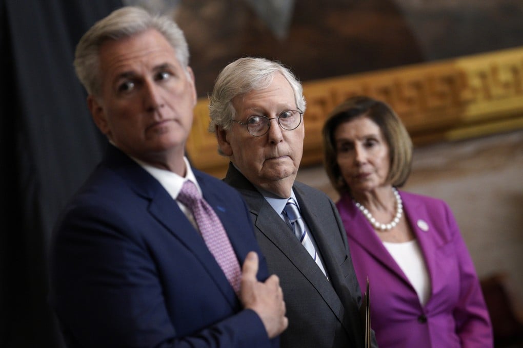 US Senate Minority Leader Mitch McConnell (centre), House Minority Leader Kevin McCarthy and House Speaker Nancy Pelosi attend an event on Capitol Hill in Washington on September 29. Photo: TNS