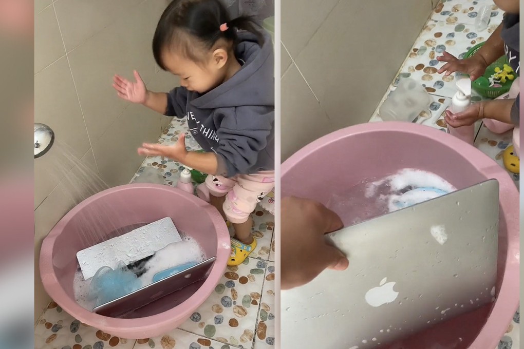 A video of the incident taken by the mother shows the computer in a wash basin filled with water and white foam as her daughter cleans her hands. Photo: SCMP composite