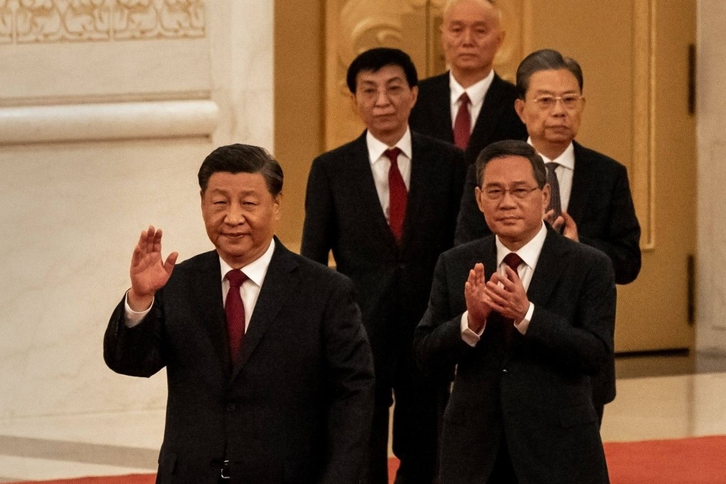 Xi Jinping, front, and members of the Communist Party’s new Politburo Standing Committee arrive at the Great Hall of the People in Beijing. Photo: Bloomberg
