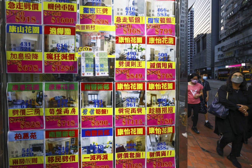 People walk past residential property advertisements displayed at an estate agency in Taikoo. Photo: Dickson Lee
