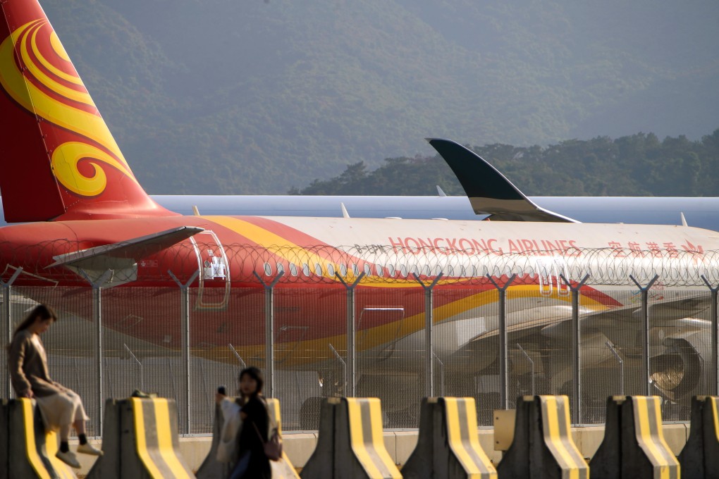 A Hong Kong Airlines A320 passenger aircraft on the tarmac with its jet engines removed, at the Hong Kong International Airport. Photo: Winson Wong