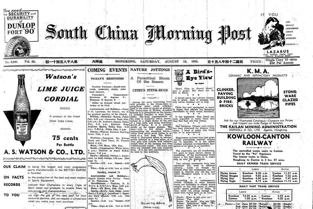 The front page South China Morning Post, dated 10 August, 1935. Hong Kong journalists’ local history columns from long ago provide a window to the past like nothing else. Photo: SCMP
