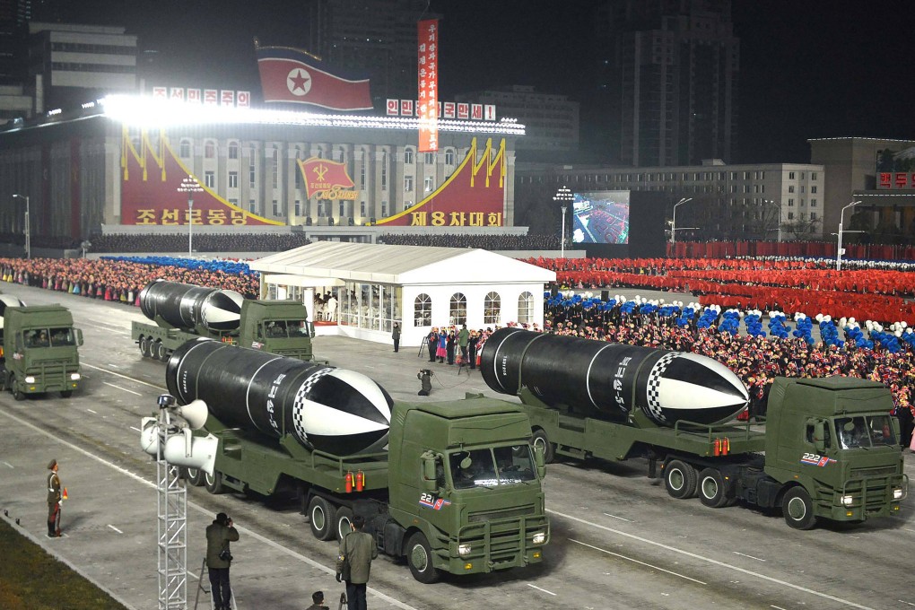 Submarine-launched ballistic missiles are seen during a military parade celebrating the 8th Congress of the Workers’ Party of Korea (WPK) in Pyongyang. Photo: KCNA/KNS via AFP/File
