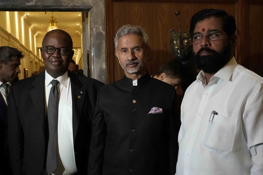 From left: Foreign Minister of Gabon Michael Moussa-Adamo, Indian Foreign Minister S Jaishankar and Maharashtra state Chief Minister Eknath Shinde on the sidelines of a UN Counter-Terrorism Committee special meeting in Mumbai, India, on Friday. Photo: AP