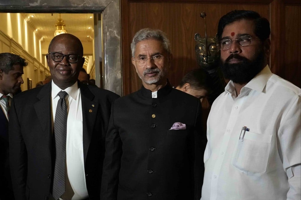 From left: Foreign Minister of Gabon Michael Moussa-Adamo, Indian Foreign Minister S Jaishankar and Maharashtra state Chief Minister Eknath Shinde on the sidelines of a UN Counter-Terrorism Committee special meeting in Mumbai, India, on Friday. Photo: AP