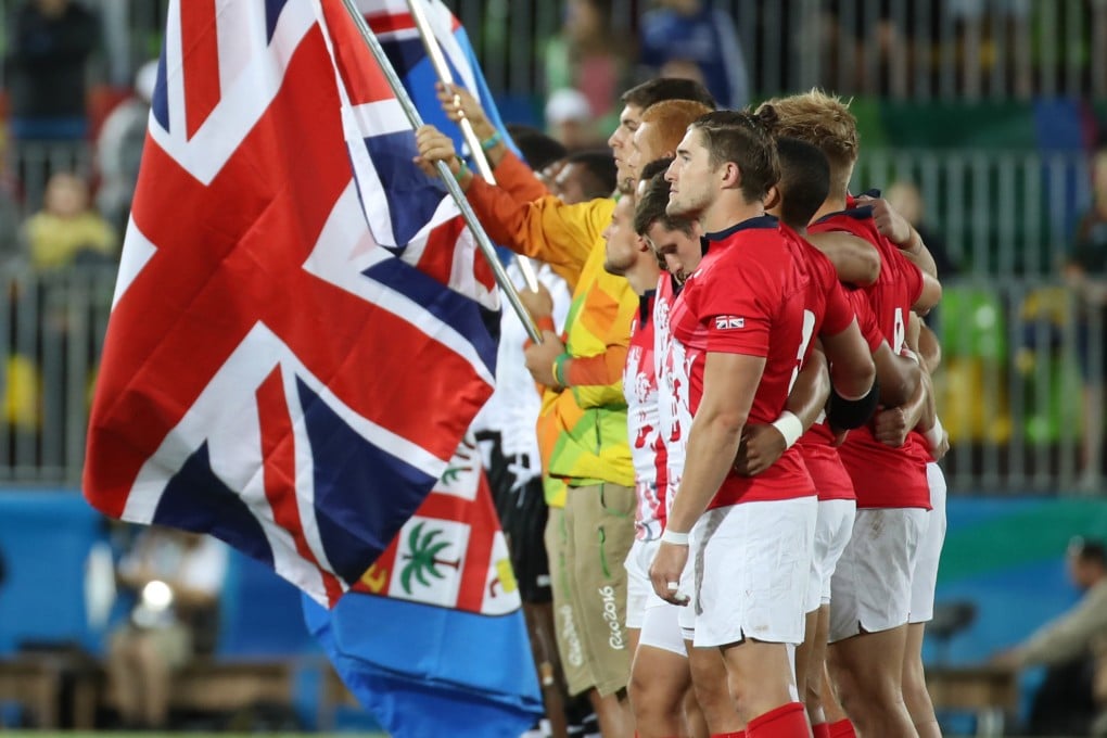 Great Britain line up before the men’s gold medal match against Fiji in the rugby sevens event at the Rio 2016 Olympic Games at Deodoro Stadium in Brazil. Photo: Getty Images