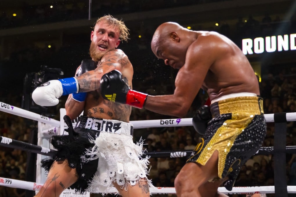 Jake Paul (left) lands a punch against Anderson Silva at Desert Diamond Arena in Glendale, Arizona. Photo: USA Today Sports