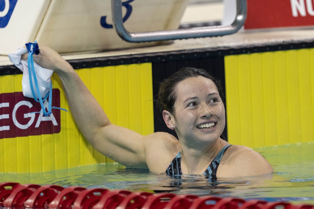 Siobhan Haughey smiles as she looks up at her winning time in the women’s 200m freestyle at the Fina World Cup in Toronto. Photo: AP
