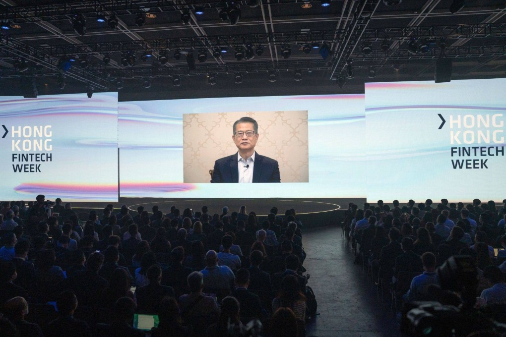 Hong Kong’s Financial Secretary Paul Chan speaks virtually during the Hong Kong Fintech Week on Monday. The conference runs up to November 4. Photo: Bloomberg