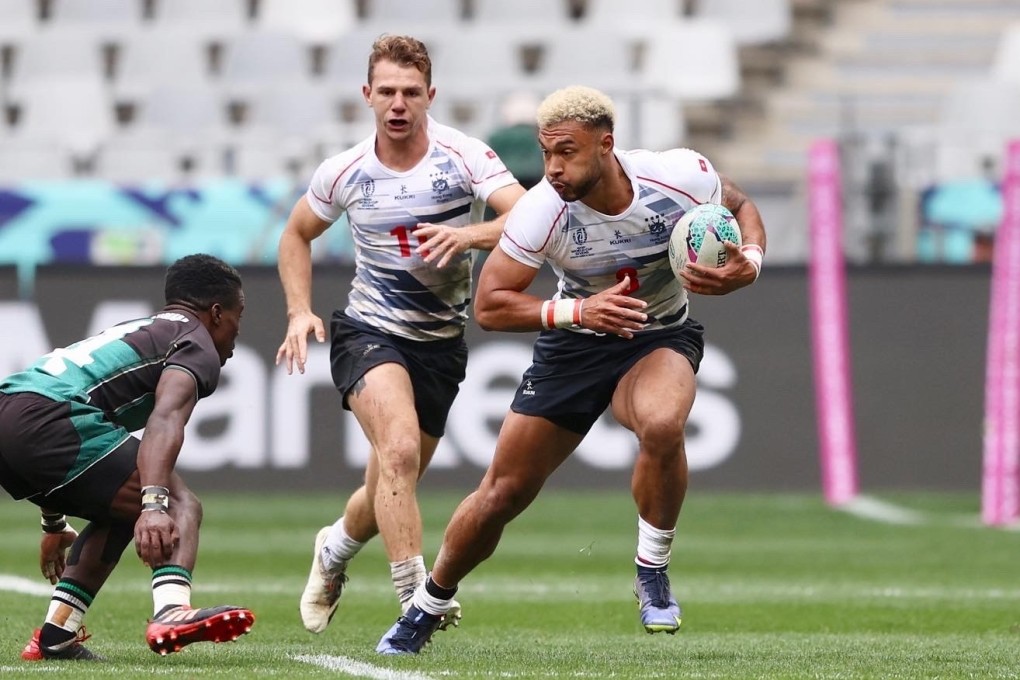 Max Denmark takes on the Zimbabwe defence at the Rugby World Cup Sevens. Photo: Handout