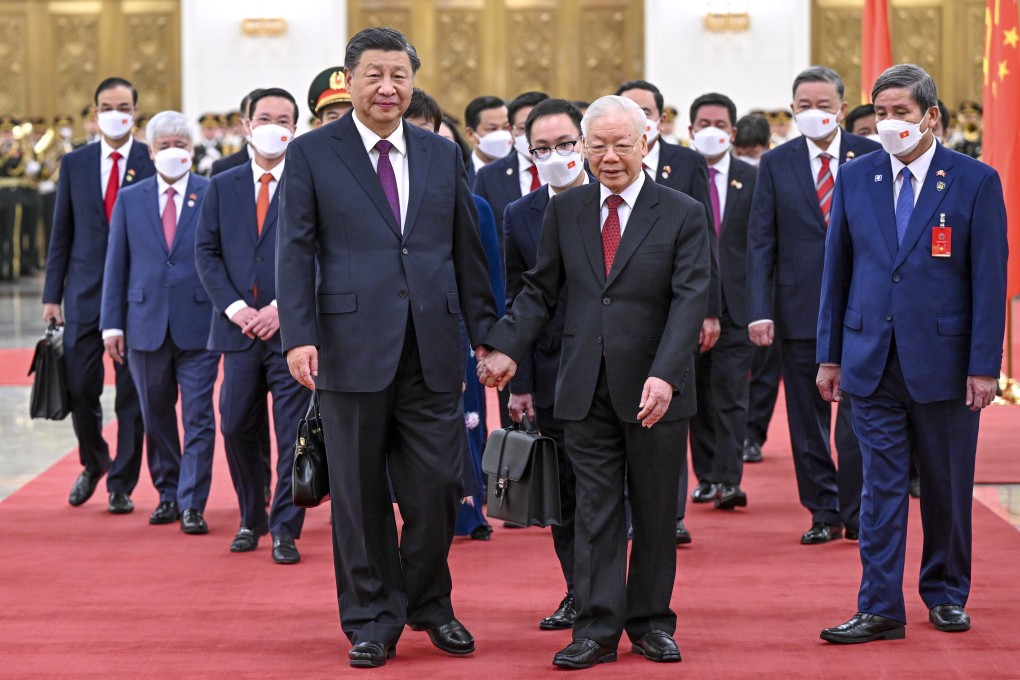 Chinese President Xi Jinping is pictured with Nguyen Phu Trong, general secretary of the Communist Party of Vietnam Central Committee as they head for talks in the Great Hall of the People in Beijing. Photo: Xinhua