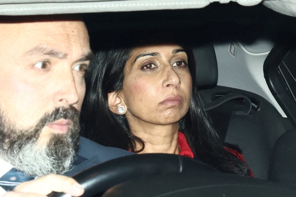 British Secretary of State for the Home Department Suella Braverman arrives via car at the Houses of Parliament in London on Monday. Photo: Reuters