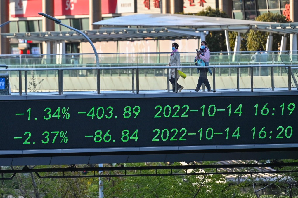 People walk across a bridge with a stocks indicator board in the financial district of Lujiazui in Shanghai. Photo: AFP