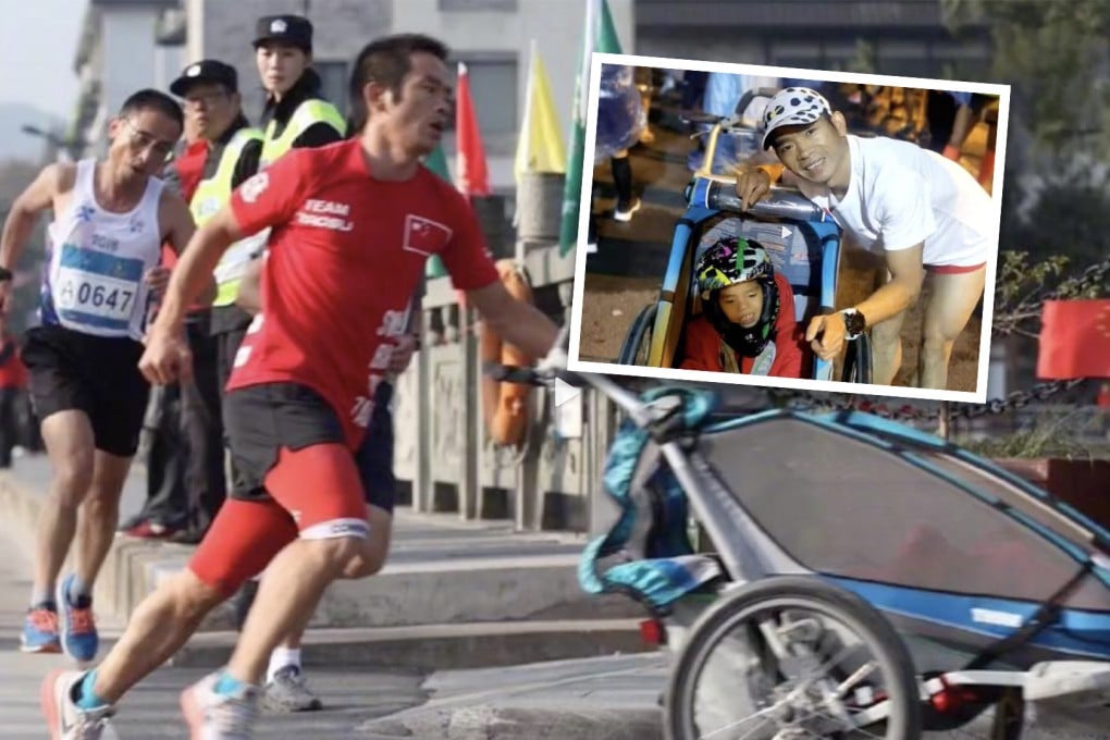 A devoted Chinese father whose son has brain damage has entered more than 50 marathons with the 12-year-old whom he pushes in a special stroller. Photo: SCMP composite